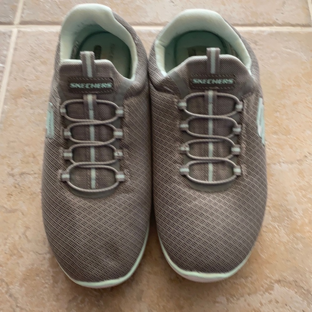Skechers Wide Fit Memory Foam Gray/Aqua Lace Up Tennis Shoes-